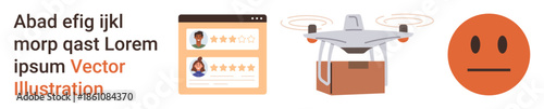 Online reviews, e-commerce, technology, quadcopter delivery, digital feedback, communication. Online review panel, Quadcopter with a package and a neutral emotion. Online reviews and drone delivery