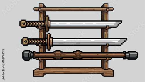 Retro pixel art katana and staff on wooden stand