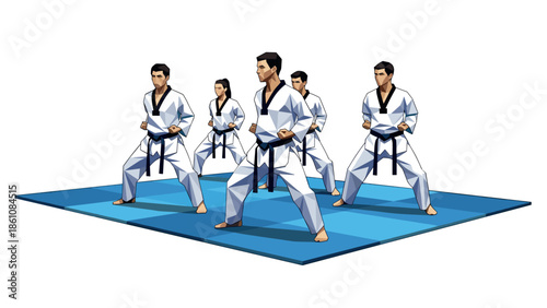 Dynamic taekwondo team in angular geometric design practicing on mat