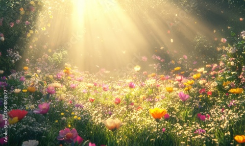 Soft-focus wildflower meadow glowing under golden sunlight, with colorful petals blending seamlessly into a dreamy natural landscape
