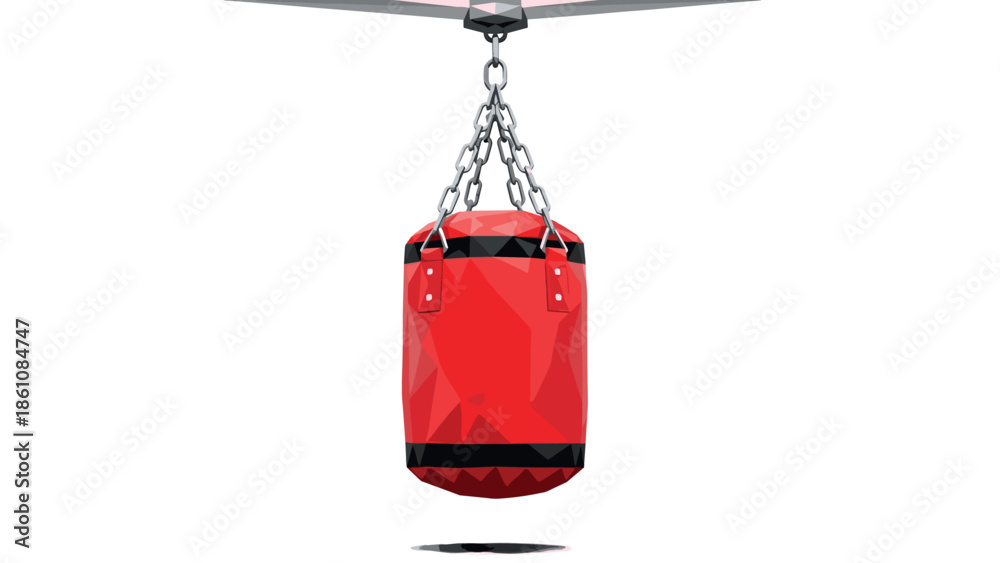 Obraz premium Red punching bag hanging from ceiling with geometric design on white background