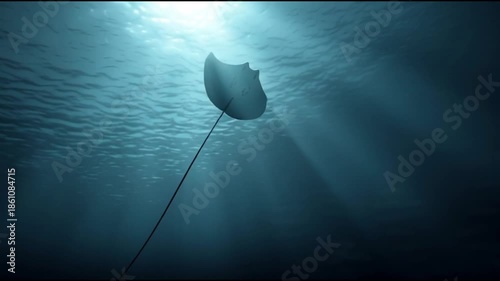 A stunning stingrays swim gracefully underwater, suitable for aquatic and marine life themes with a dark, mysterious background.