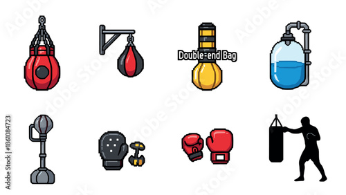 Pixel art boxing equipment icons set with punching bags and gloves