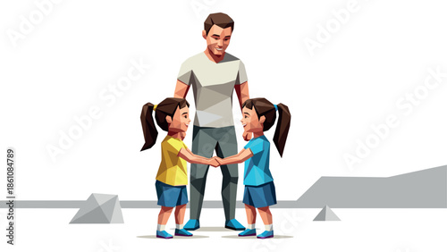 Father with two daughters holding hands in geometric style