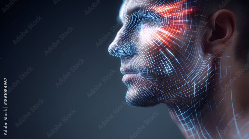Obraz premium Digital face mapping with bright patterns showing technology and human features in a creative display