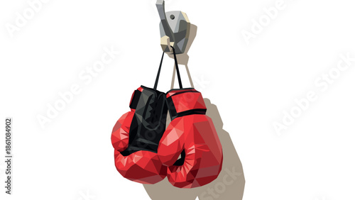 Low poly red boxing gloves on wall hook in minimalist style