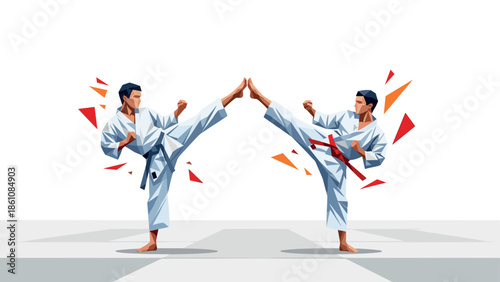 Dynamic martial arts duel: geometric karate fighters in high kick standoff
