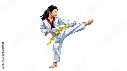 Polygonal martial artist kicking pose in karate uniform