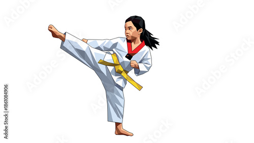 Dynamic martial arts woman in low poly style performing high kick in white gi with yellow belt
