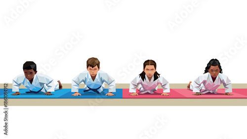Diverse kids practicing martial arts in uniform on mats