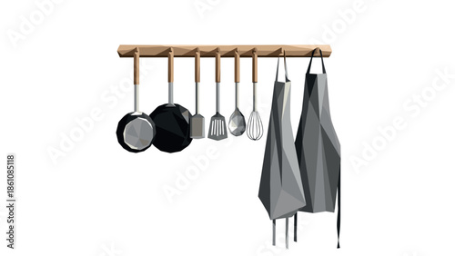 Minimalist geometric kitchen tools with hanging aprons on wooden rack