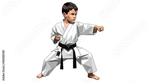 Young martial artist in geometric style practicing karate in a white gi with determined expression