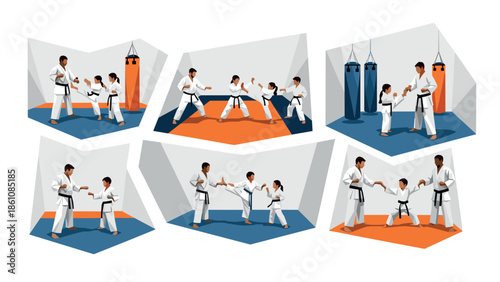 Karate training and techniques in modern indoor dojo setting