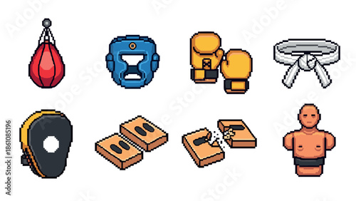 Retro pixel art martial arts equipment set: boxing gloves, headgear, punching bag, belt, dummy