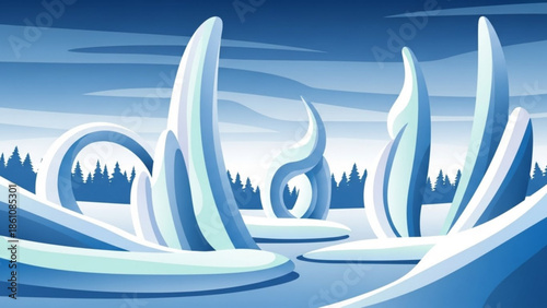 Abstract blue ice sculpture landscape with frozen structures and trees in the background, winter scenery illustration
