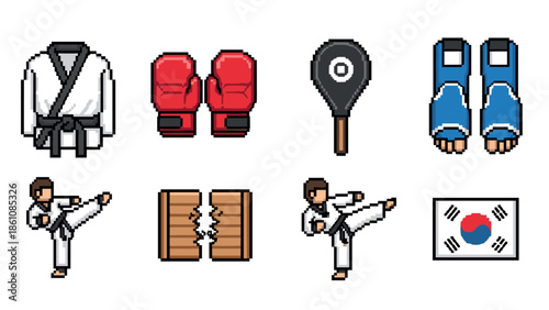 Martial arts icons in pixel art style featuring gear and movements