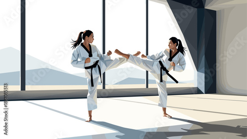 Dynamic martial arts training: two women practicing karate kicks in sunlit studio
