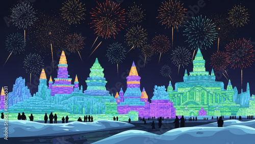 Vibrant ice sculptures of pagodas and buildings illuminated at night with fireworks exploding in the sky, people gathered around, snow on the ground, harbin ice and snow