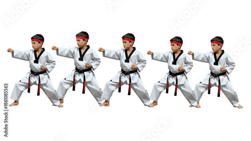 Geometric martial arts sequence of young karate practitioners in action