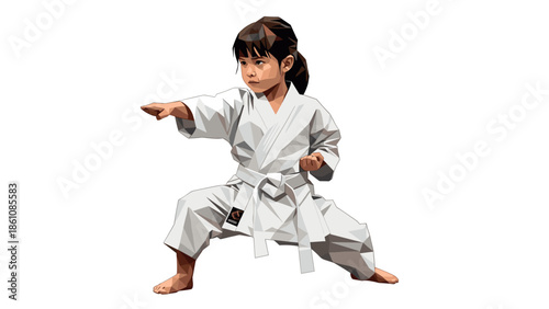 Young martial artist in low poly style performing karate pose