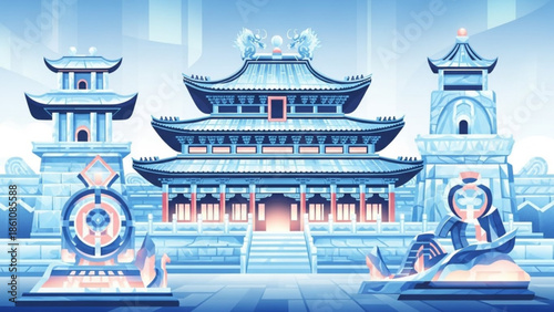 Traditional chinese temple building with pagoda style architecture and ornate details, serene atmosphere, cultural heritage, blue tone illustration