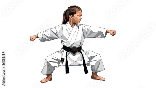 Young karate girl in geometric art stance wearing martial arts uniform