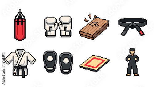 Retro pixel martial arts icons featuring equipment and uniforms for training