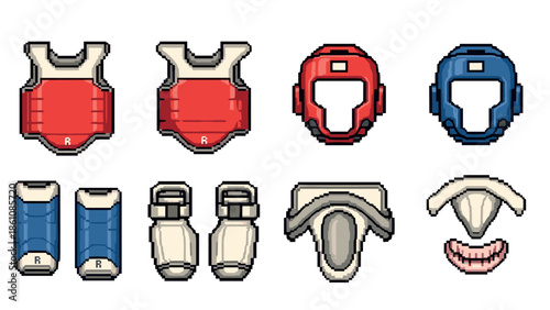 Pixel art martial arts gear icons set for sports and games