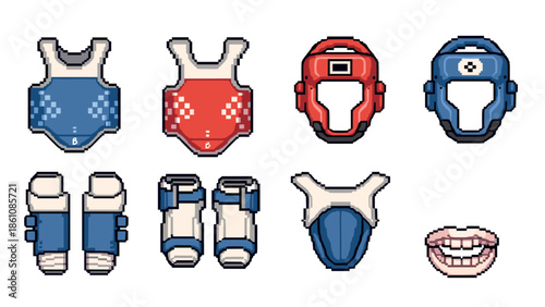 Pixel art martial arts gear collection: protective equipment in retro style