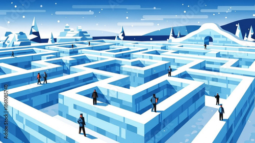 Group of business people navigating through complex icy maze in winter landscape with snow covered mountains