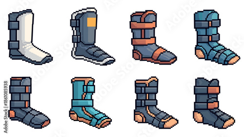 Pixel art cast boot designs set: retro style footwear injuries collection
