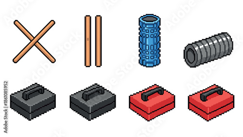 Isometric pixel art: colorful fitness equipment icons for modern designs