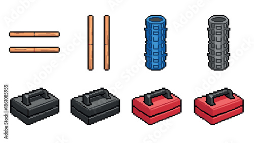 Pixel art gym equipment set: dumbbells, foam roller, and toolboxes