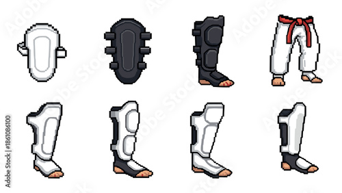 Pixel art martial arts clothing and shin guards collection