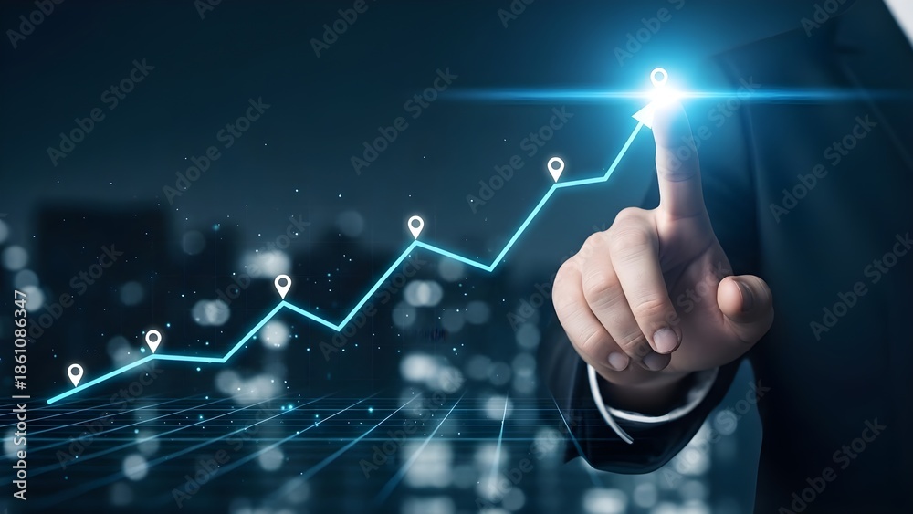 Naklejka premium Hologram stock market graph background with hand pointing to glowing blue light