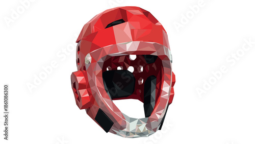 Low poly red hockey helmet design with geometric facets