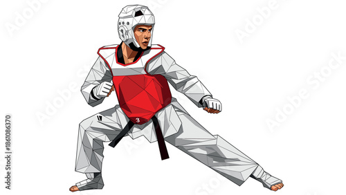 Dynamic low poly taekwondo athlete in red and white sparring gear
