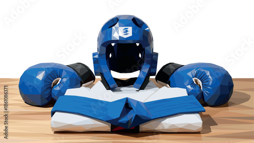 Low poly martial arts gear with blue headgear, gloves, and belt on wooden surface
