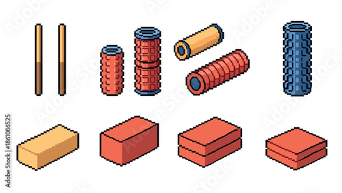 Pixel art foam rollers and fitness bricks collection in isometric view