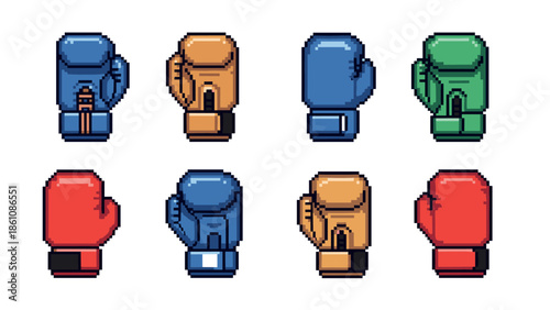 Retro pixel art boxing gloves collection in various colors