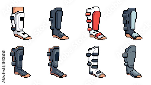 Pixel art orthopedic boots collection with various designs