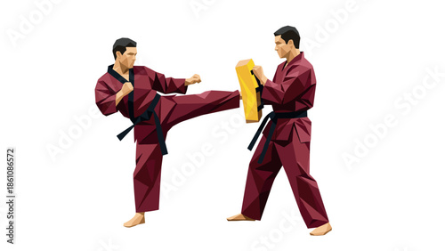 Geometric martial arts training: two karate practitioners in dynamic action