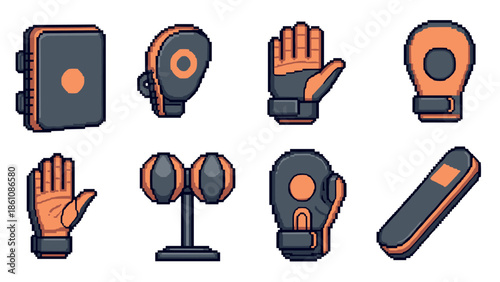 Pixel art boxing equipment icons set: retro style punching and training gear