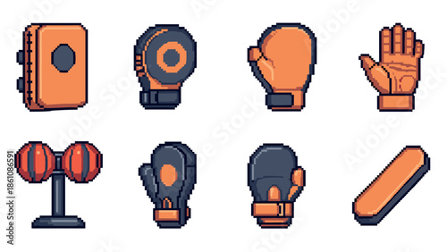 Retro pixel art boxing equipment icons for fitness and workout themes