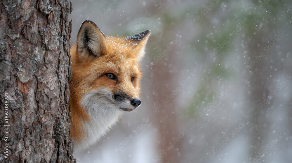 Fototapeta premium Fox peeking from behind a tree in snowy forest during winter afternoon