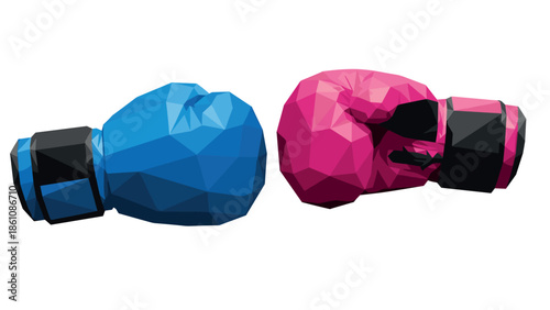 Low poly boxing gloves in vibrant blue and pink colors facing each other
