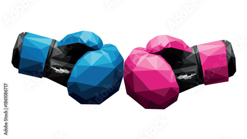 Low poly boxing gloves clash: blue and pink geometric design for sports enthusiasts