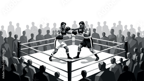 Monochrome boxing match scene with engaged audience in geometric silhouette style