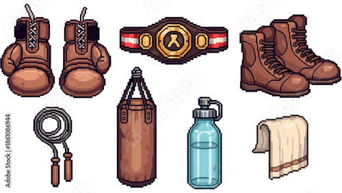 Retro pixel art boxing equipment set with gloves, boots, and accessories