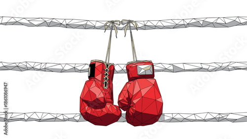 Low poly red boxing gloves hanging on ropes in boxing ring
